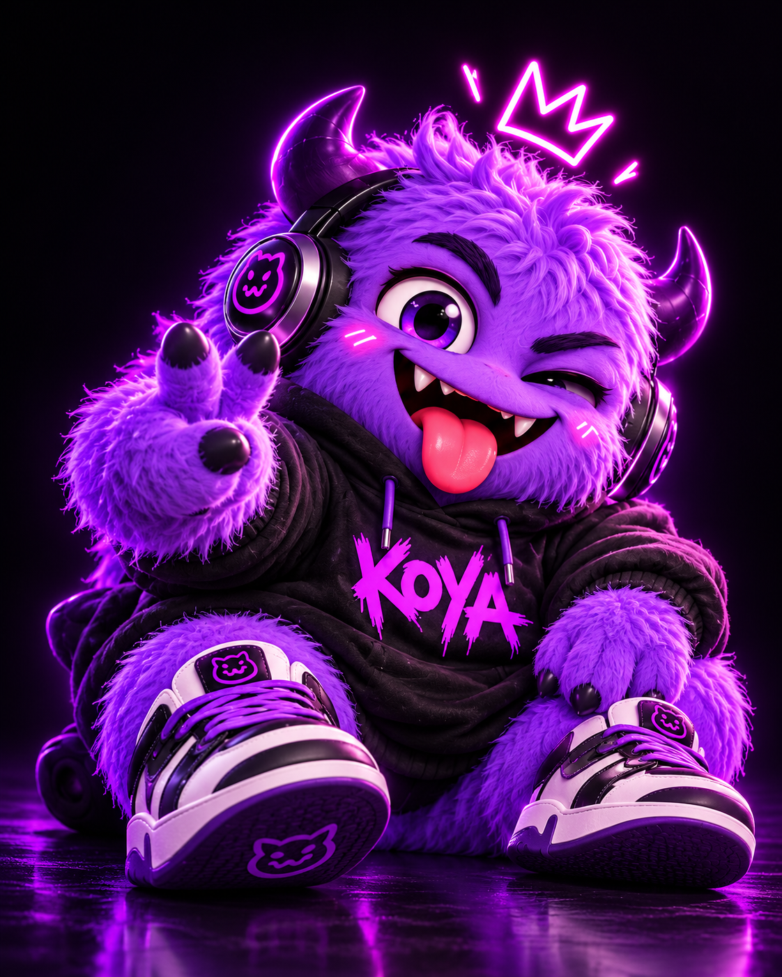 Koya, monster ungu berbulu dengan headphone, hoodie hitam, dan senyum jahil, mengangkat tanda peace.